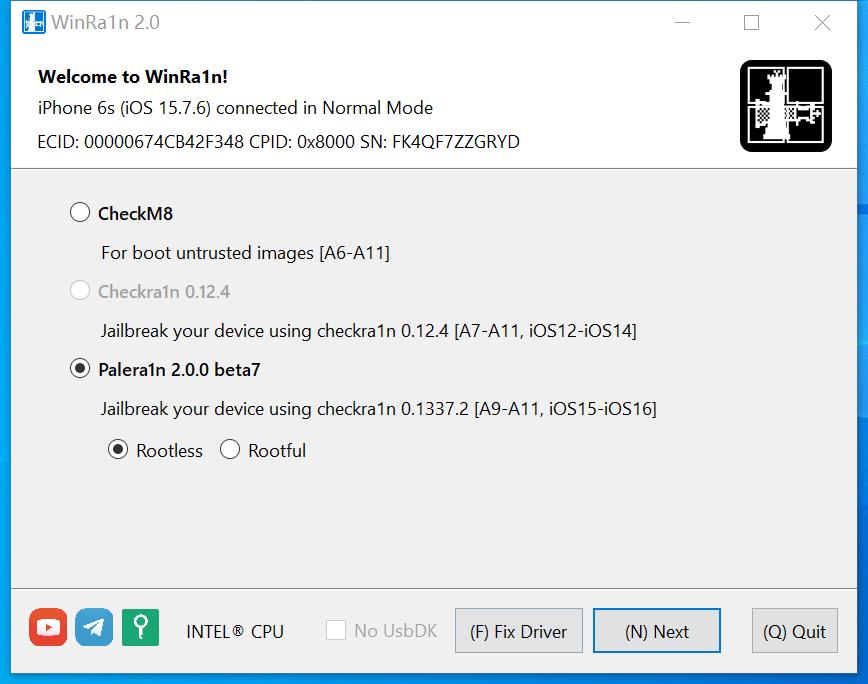 Windows版越狱工具WinRa1n v2.0  支持A8-A11 全版本ios12-16.6越狱